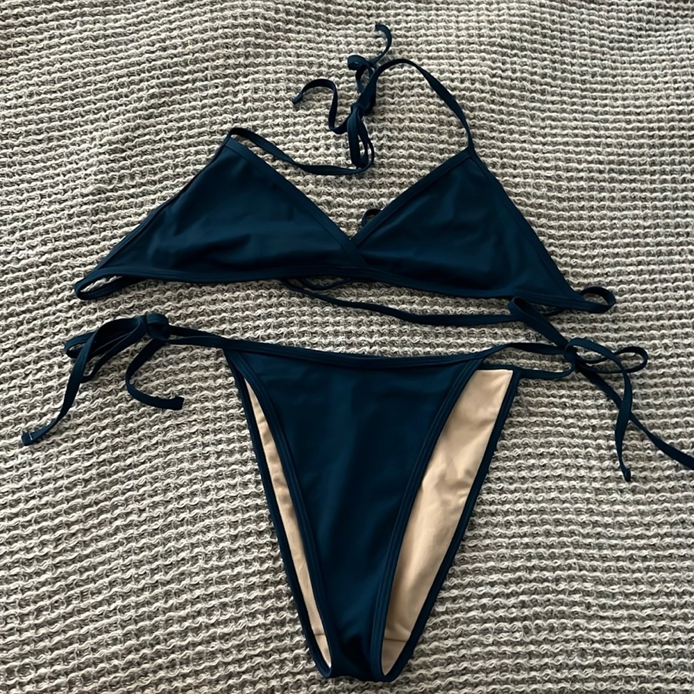 LA Hearts by PacSun Blue Binded Halter Bikini Top and Side Tie Bikini Bottom